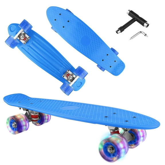 27" Complete Highly Flexible Plastic Cruiser Board Skateboards for Teens or Professional with High Rebound PU Wheels with LED Wheels, with All-in-One T-Tool (Blue)