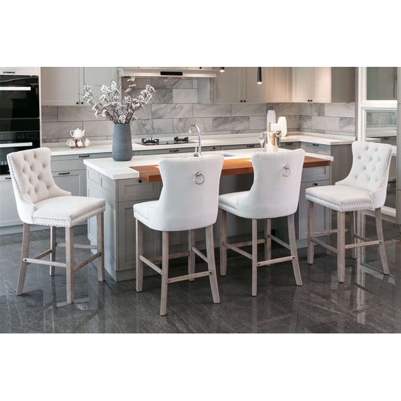 27" Contemporary Padded Bar Stools, Tufted Velvet Upholstered Barstools with Button Tufted Decoration, Chrome Nailhead Trim, Footrest and Solid Wood Legs (Beige,Set of 4)