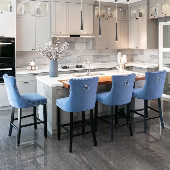 27" Contemporary Padded Bar Stools, Tufted Velvet Upholstered Barstools with Button Tufted Decoration, Chrome Nailhead Trim, Footrest and Solid Wood Legs (Blue,Set of 4)