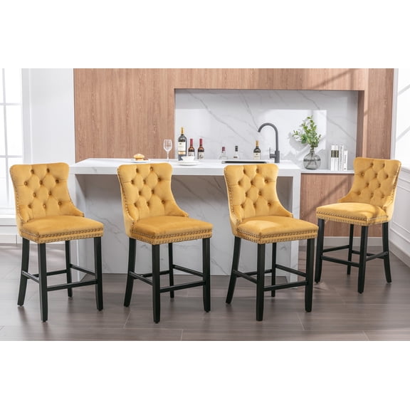 27" Contemporary Padded Bar Stools, Tufted Velvet Upholstered Barstools with Button Tufted Decoration, Chrome Nailhead Trim, Footrest and Solid Wood Legs (Gold,Set of 4)