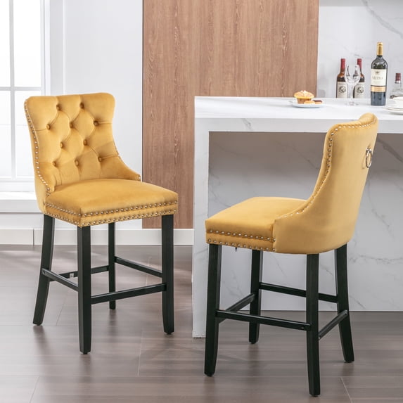 27" Contemporary Padded Bar Stools, Tufted Velvet Upholstered Barstools with Button Tufted Decoration, Chrome Nailhead Trim, Footrest and Solid Wood Legs (Gold,Set of 2)