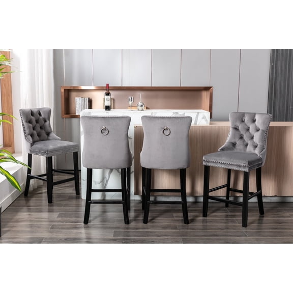 27" Contemporary Padded Bar Stools, Tufted Velvet Upholstered Barstools with Button Tufted Decoration, Chrome Nailhead Trim, Footrest and Solid Wood Legs (Gray,Set of 4)