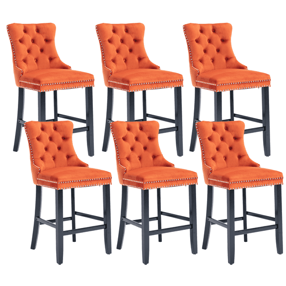 27" Contemporary Padded Bar Stools, Tufted Velvet Upholstered Barstools with Button Tufted Decoration, Chrome Nailhead Trim, Footrest and Solid Wood Legs (Orange,Set of 6)