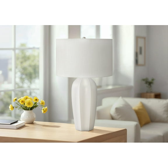 27" Cream Ceramic Table Lamp with Linen Shade, 3-Way Rotary Switch & Silver Finial