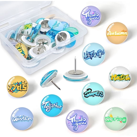 27 Pcs Creative Glass Thumbtacks, 9 Unique English Letter Designs, Durable Metal Push Pins for Bulletin Boards, Cork Boards, Office & Home