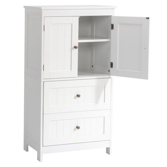 Elegant White Vertical Grain Bathroom Cabinet 2 Drawers 2 Doors Premium Density Board Painted Finish for Small Bathroom Master Suite Powder Room