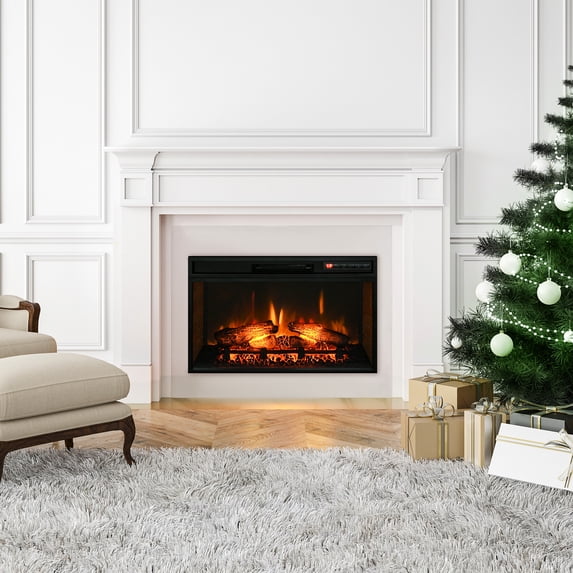 27" Electric Fireplace Insert, Retro Recessed Fireplace Heater with Realistic Log Flame, Remote Control, and Adjustable Brightness, 1400W, Black