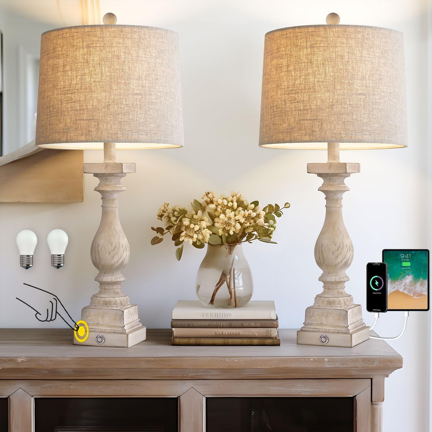 27" Antique White Touch Control Table Lamp Set with USB Ports