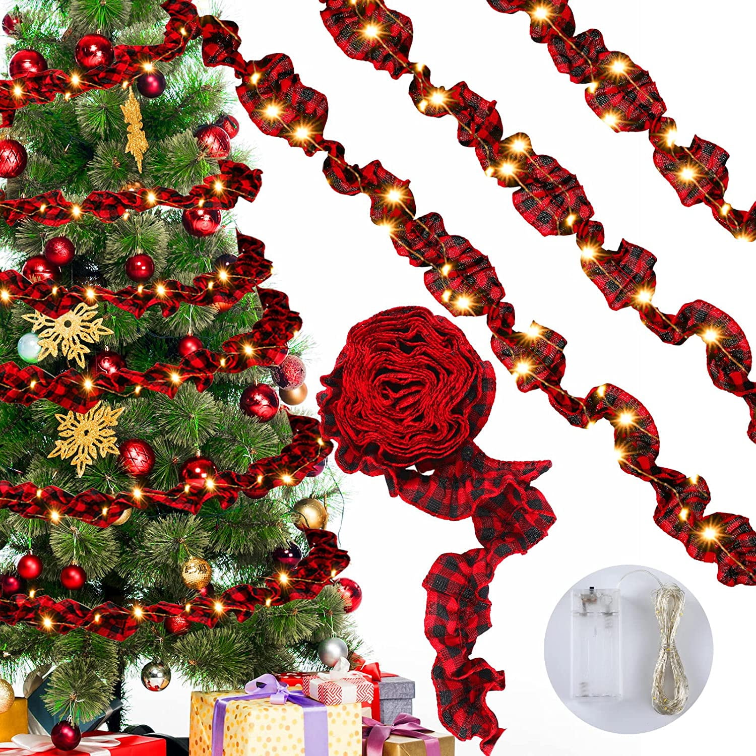 27 Feet Christmas Tree Buffalo Plaid Garland with Led Lights, Plaid Red and Black Buffalo Check Fabric Tree Ribbon Garland Farmhouse Home Country Xmas Holiday Decor
