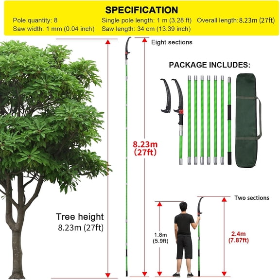 27 Feet Tree Pole Pruner Manual Branches Trimmer Tree Garden Tools Loppers Hand Pole Saws Extendable Height
