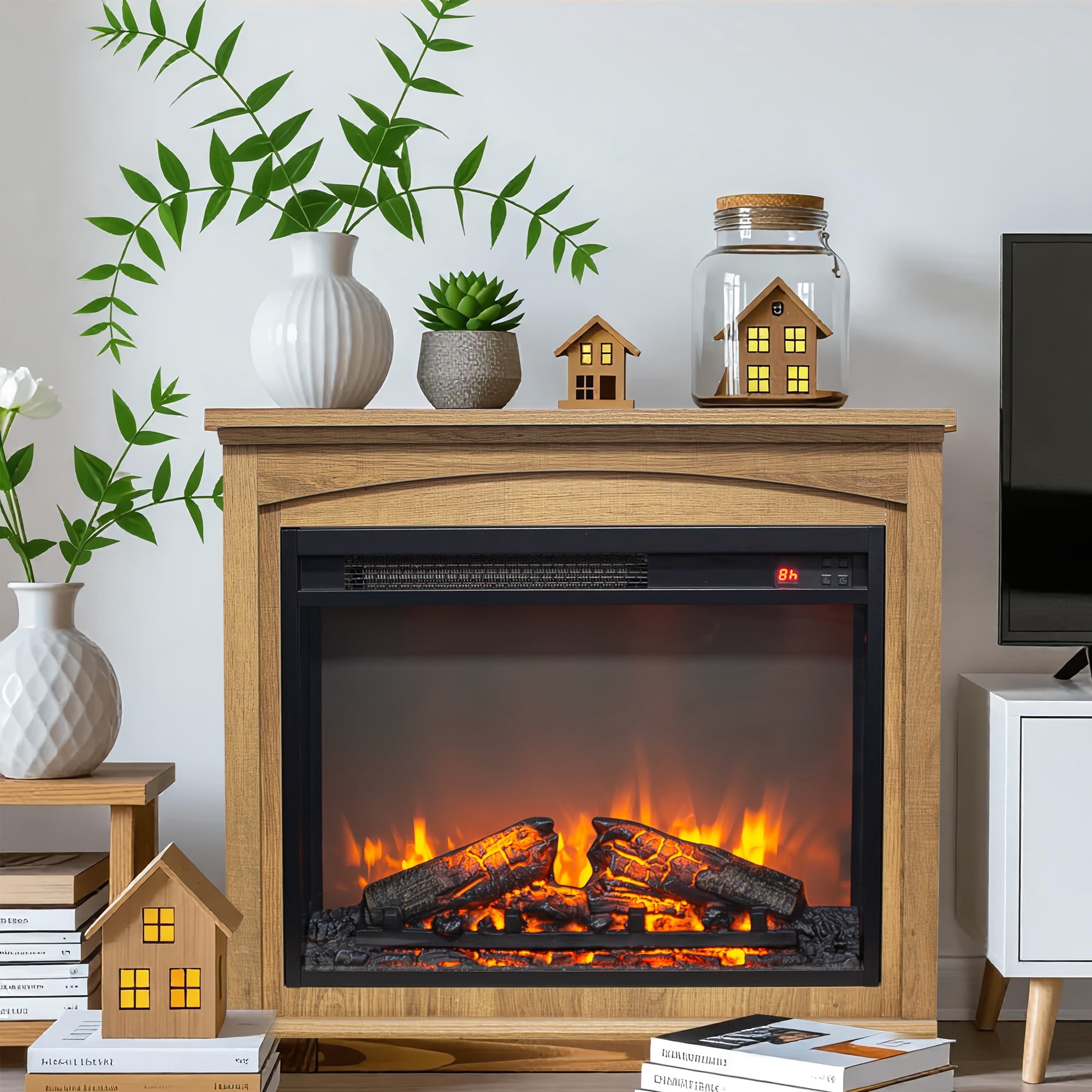 27" Fireplace TV Stand with Mantel, Farmhouse Console Table with Adjustable LED Flame, Heater, Freestanding Electric Fireplace for Living Room,Bedroom