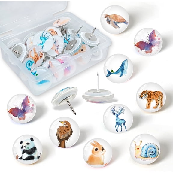 Afagarly Push Pins Glass Animals Thumb Tacks Animal Decorative 9 Unique Designs 27 Pcs 0.35 Inch