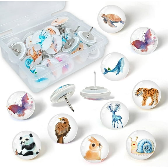Generic Cute Animal Decorative Thumbtacks, 27 Pcs Glass & Metal Push Pins with 9 Unique Animal Designs for Bulletin Boards, Office, Classroom & Home Decor, Transparent Box