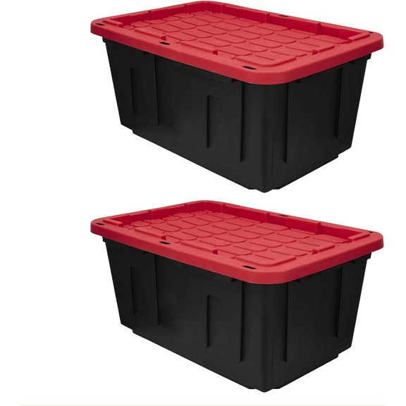 27 Gal Industrial Tote, Pack of 2 Red Plastic Storage Bins with Lids for Garage, Basement, or Outdoor, Heavy Duty Storage Totes, Black with Red Lid, Stackable & Nestable