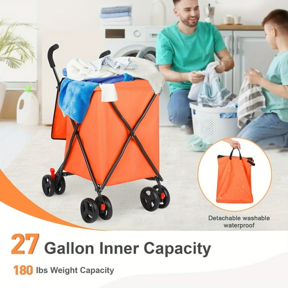 27-Gallon Heavy Duty Foldable Utility Cart - 180lb Capacity Orange Rolling Cart with Black Wheels - Detachable Washable Bin for Shopping, Garden & Camping - Yunton Commercial Storage Cart
