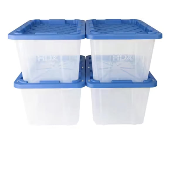 27 Gallon Heavy Duty Storage Bins with Lids, Stackable Tough Plastic Storage Tote Containers for Garage, Moving & Home Organization, Black, 4 Pack (Light and Clear)