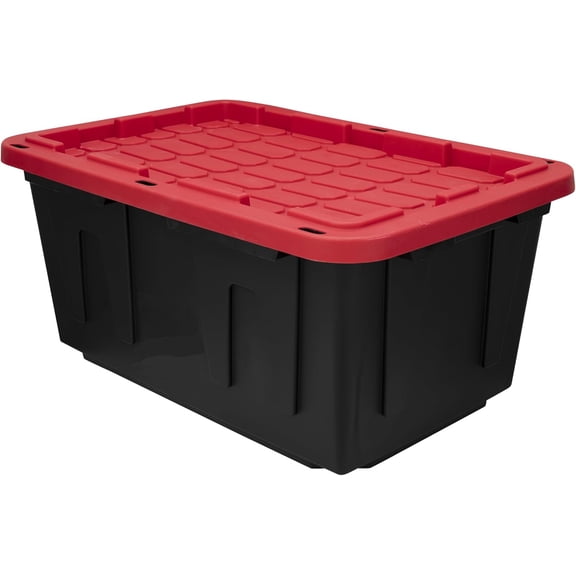 27 Gallon Large Storage Bin with Snap Lid, Black and Red, Heavy Duty Plastic Storage Container