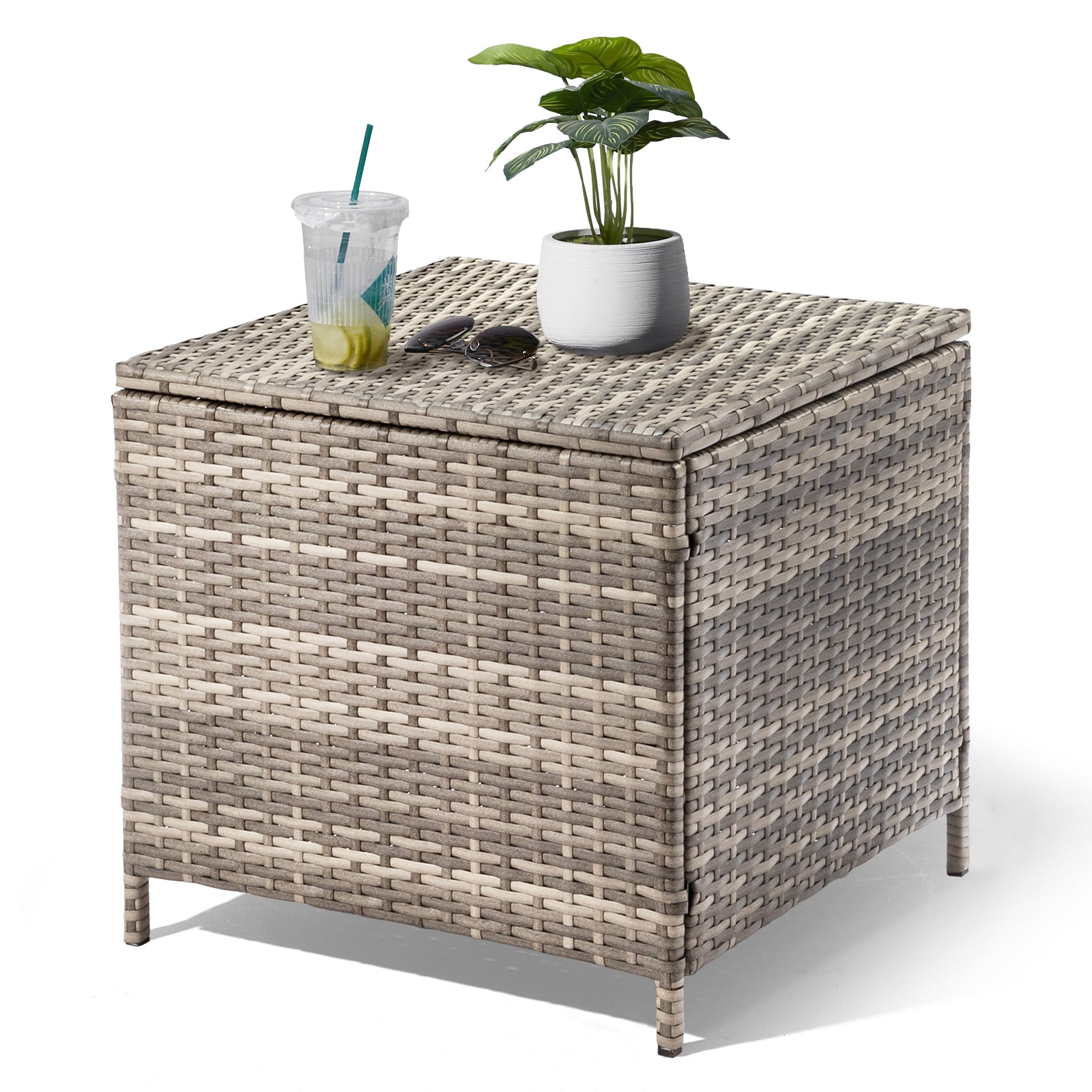 27-Gallon Outdoor PE Wicker Side Table with Storage, All-Weather, Dual-Function, Steel Frame, Grey
