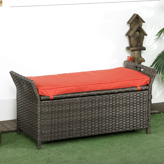 27 Gallon Outdoor Wicker Storage Bench with Red Cushion, Patio PE Rattan Deck Box with Handles