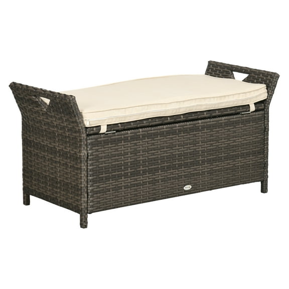 27 Gallon Patio Wicker Storage , Outdoor PE Rattan Patio Furniture, 2-In-1 Large Capacity Rectangle Garden Storage Box with Handles and Cushion, Cream White