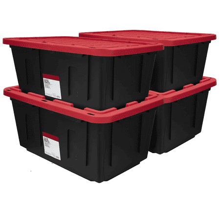 27 Gallon Plastic Storage Box with Snap Cap, Black and Red, 4 Pack