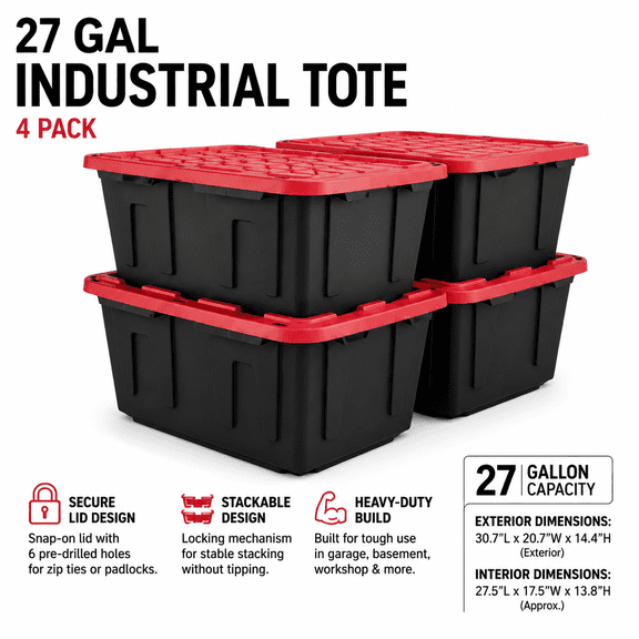 27 Gallon Stackable Heavy Duty Plastic Storage Bins with Lockable Lids, Stackable Utility Storage Containers for Garage, Basement & Warehouse Organization, Set of 4