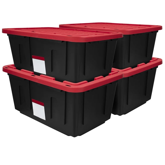 27 Gallon Stackable Storage Bins with Snap Lid, Heavy Duty Plastic Tote Containers for Garage Organization, Home or Warehouse Use, Black with Red Lid, Set of 4