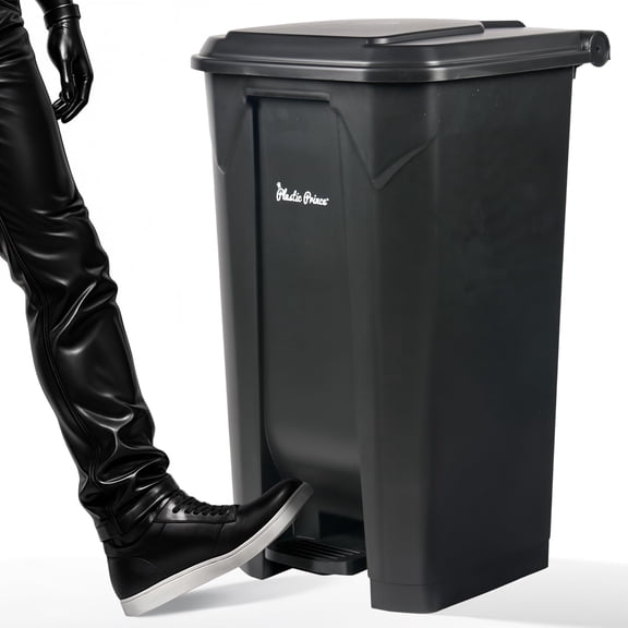 Plastic Prince 27 Gallon Step-On Trash Can/Container, Black Plastic Dustbin with Lid and Foot Pedal, Hands-Free Disposal