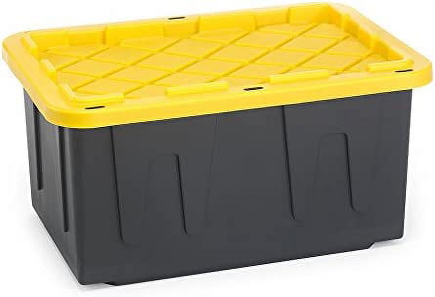 27 Gallon Tough Storage Container, Black Base, Yellow Lid, Stackable, 4Pack