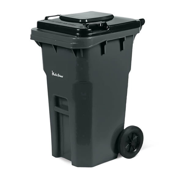 Plastic Prince 27 Gallon Outdoor Trash Can with Lid and Wheels Small Wheeled Outdoor Garbage Can Storage Outside Heavy-Duty Rolling Trash Bin for Home Office Commercial Use, Plastic Gray