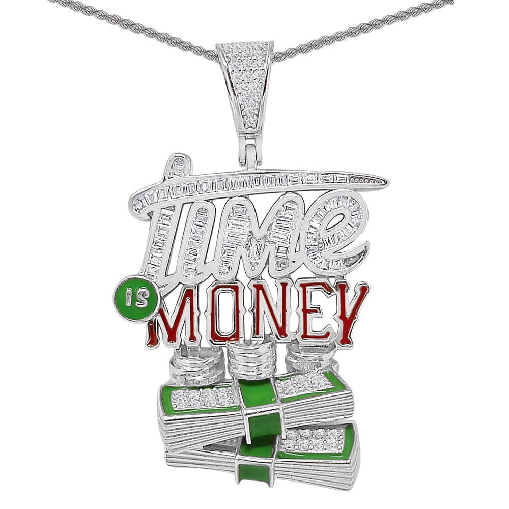 27+ Grams Real Silver 2.50 Ct. "Time Is Money" Custom Pendant Charm + Free Chain
