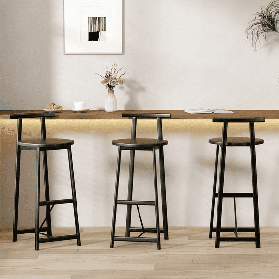 27''H Barstool Set of 3 Wooden Round Bar Stools with Metal Footrest Modern Kitchen Chairs for Counter (Black)