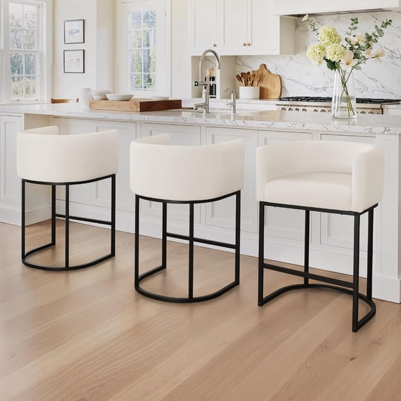 27" H Counter Height Bar Stools Set of 3, Modern Barrel Counter Stools with Backrest and Arms, Black Metal Frames, Linen Fabric Upholstered Accent Barstools for Kitchen Island, Beige