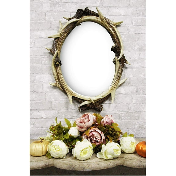 27"H Western Rustic Hunters Stag Deer Antlers Rack Oval Wall Mirror Decor Plaque