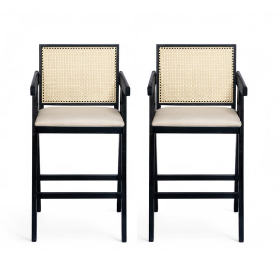 27" Height, Cream Grey Woven Cane Plastic Backrest Bar Stool - Foam-Padded Fabric Seat & Durable Rubberwood Frame