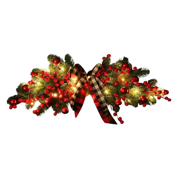 27 Inch Artificial Christmas Swag,Winter Pine Needles Decoration Swag with Ribbon Bow and Red Berry,Front Door Decor Christmas Wreath-with lamp
