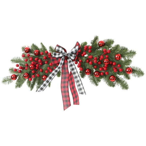 27 Inch Artificial Christmas Swag,Winter Pine Needles Decoration Swag with Ribbon Bow and Red Berry,Front Door Decor Christmas Wreath
