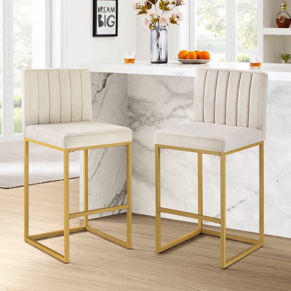27 Inch Bar Stool, Velvet Counter Height Bar Stools, Set of 2 Bar Chairs with Back and Metal Legs, Kitchen Island Counter Stools for Pub, Dinning Room, Cafes