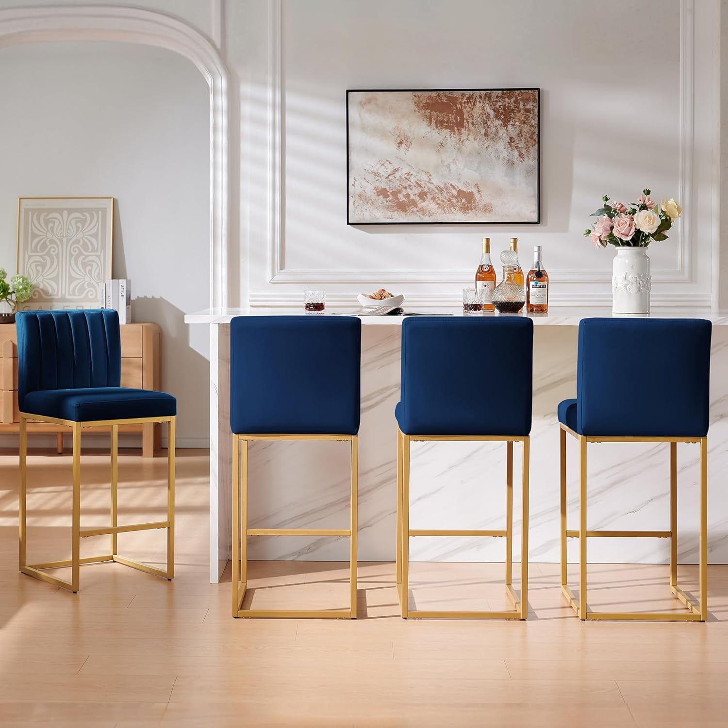 27 Inch Bar Stool, Velvet Counter Height Bar Stools, Set of 4 Bar Chairs with Back and Metal Legs, Kitchen Island Counter Stools for Pub, Dinning Room, Cafes