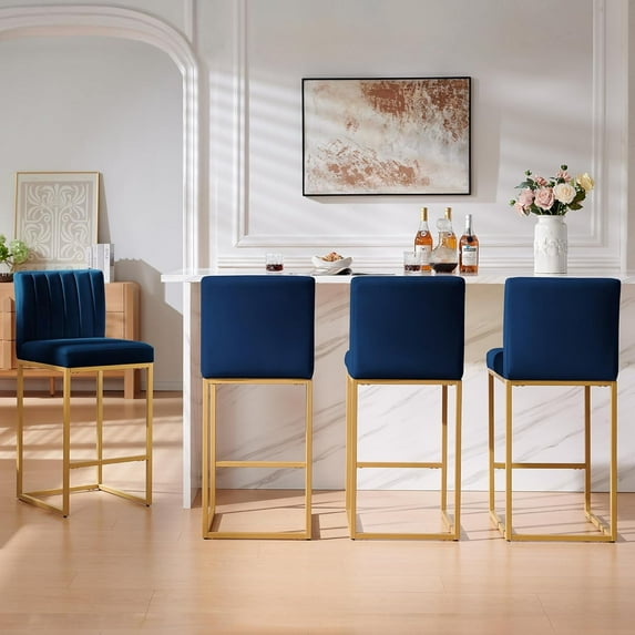 27 Inch Bar Stool, Velvet Counter Height Bar Stools, Set of 4 Bar Chairs with Back and Metal Legs, Kitchen Island Counter Stools for Pub, Dinning Room, Cafes
