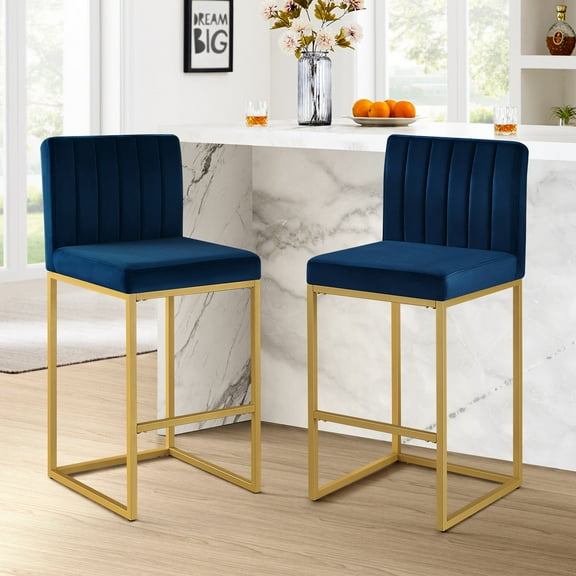27 Inch Bar Stool, Velvet Counter Height Bar Stools, Set of 2 Bar Chairs with Back and Metal Legs, Kitchen Island Counter Stools for Pub, Dinning Room, Cafes