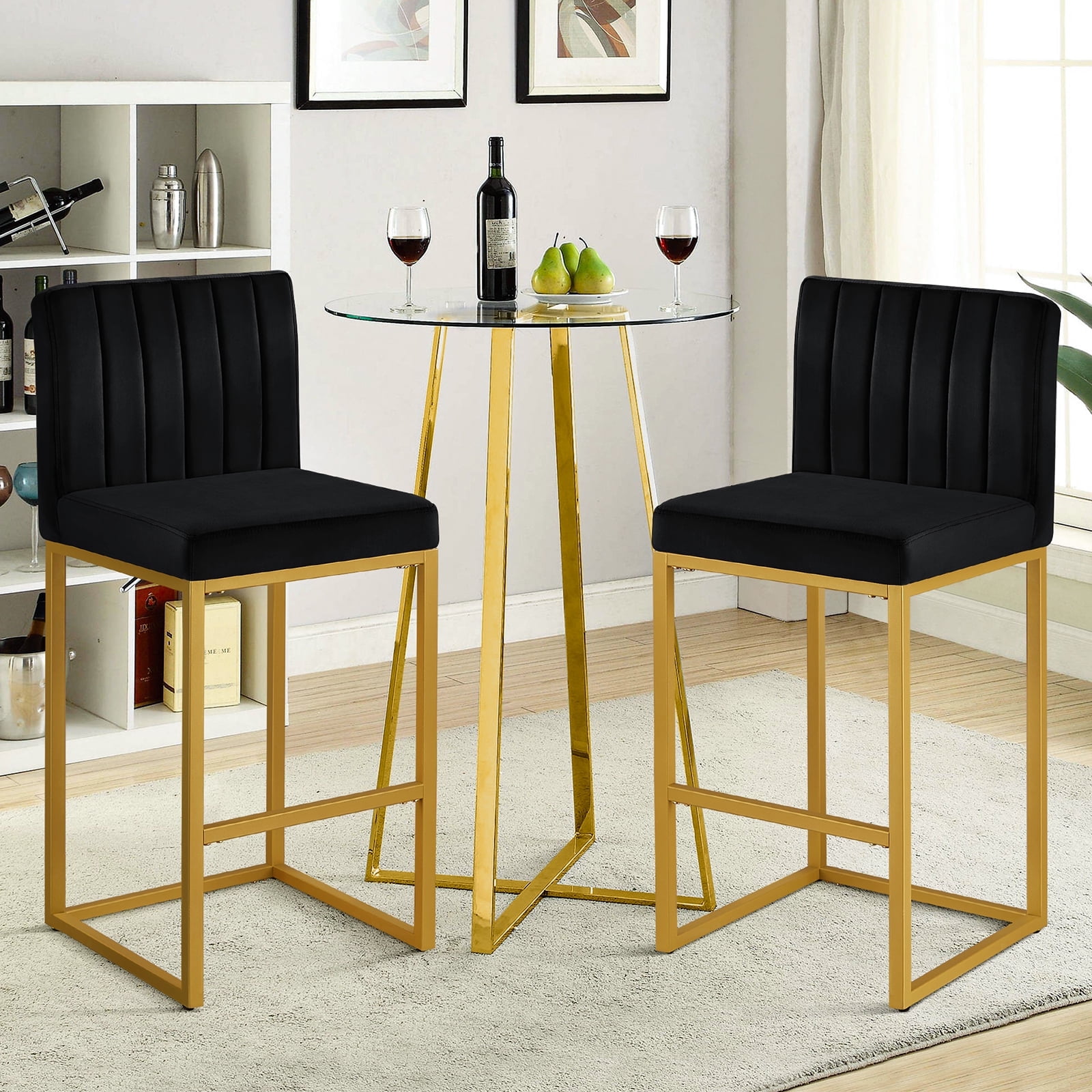 27 Inch Bar Stool, Velvet Counter Height Bar Stools, Set of 2 Bar Chairs with Back and Metal Legs, Kitchen Island Counter Stools for Pub, Dinning Room, Cafes