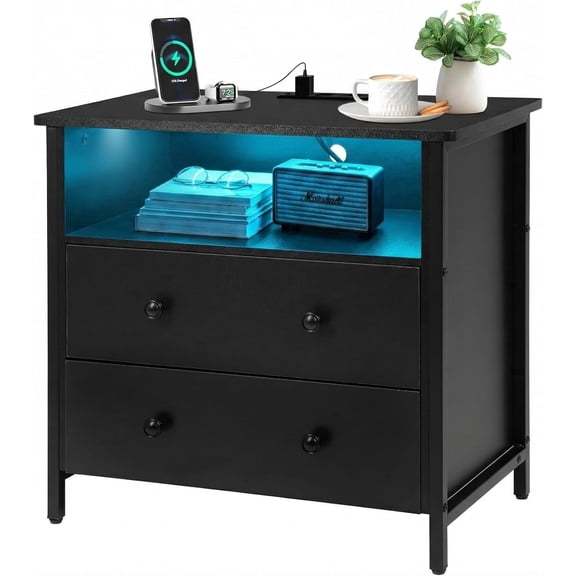 27 Inch Black Color Wide Night Stand, Large Wood Night Stand with 2 Drawer, LED Nightstand with Charging Station and Adjustable Drawer, Bedside Table for Living Room/Bedroom/Study/Office