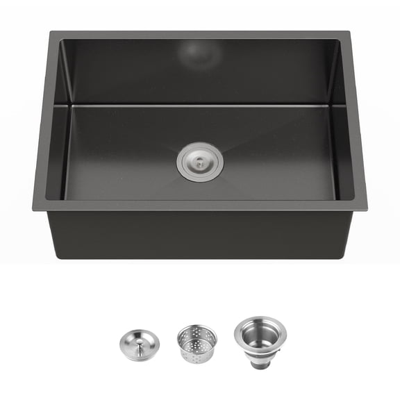 27 Inch Black Handmade Single Bowl Undermount Kitchen Sink with Standard Drain and Hook, Pickup Only, TX10643 Warehouse Support