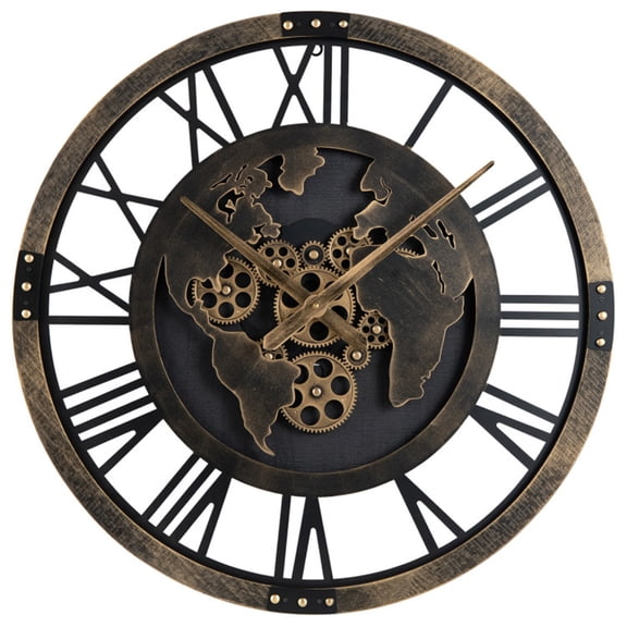 27-Inch Brown Gear Wall Clock with World Map Design, Large Non-Ticking Quartz Movement Decorative Home Wall Clock
