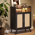 thumbnail image 1 of 27 Inch Buffet Cabinet with Storage, Entryway Sideboard with LED Lights and Tempered Glass Top for Kitchen, Shoe Cabinet for Living Room, Black/Rattan, 1 of 9