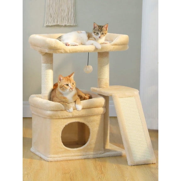27 Inch Cat Tree Tower for Indoor Cats, Natural Sisal Scratching Post & Ramp Ladder, Cat Condo, Top Perch with Hanging Toy Ball, Beige Pet Furniture for Small Apartment & Home