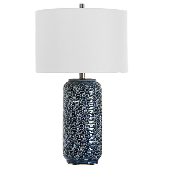 27 Inch Ceramic Table Lamp, Wavy Texture, Blue, Silver, White, Saltoro Sherpi
