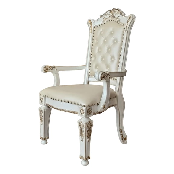 27 Inch Classic Vegan Leather Armchair, Button Tufted, Carved, White - Saltoro Sherpi