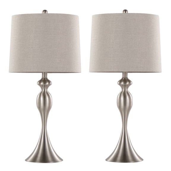 27 Inch Contemporary Metal Table Lamp, Brushed Nickel Base with Light Grey Textured Linen Shade, Farmhouse Living Room Table Lamp, Set of 2